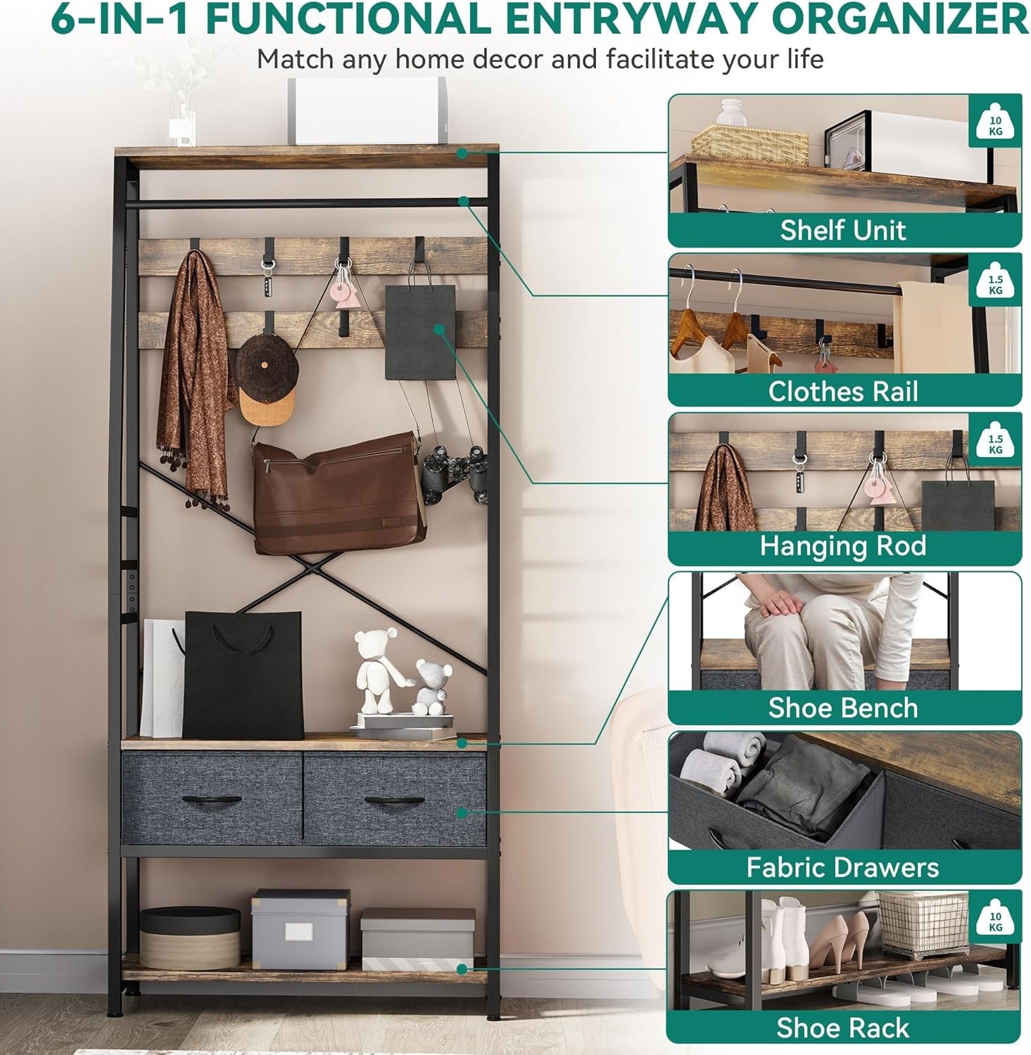 Rustic Brown Hall Tree Coat Rack | Bench with Shoe Storage & Drawers Organizer