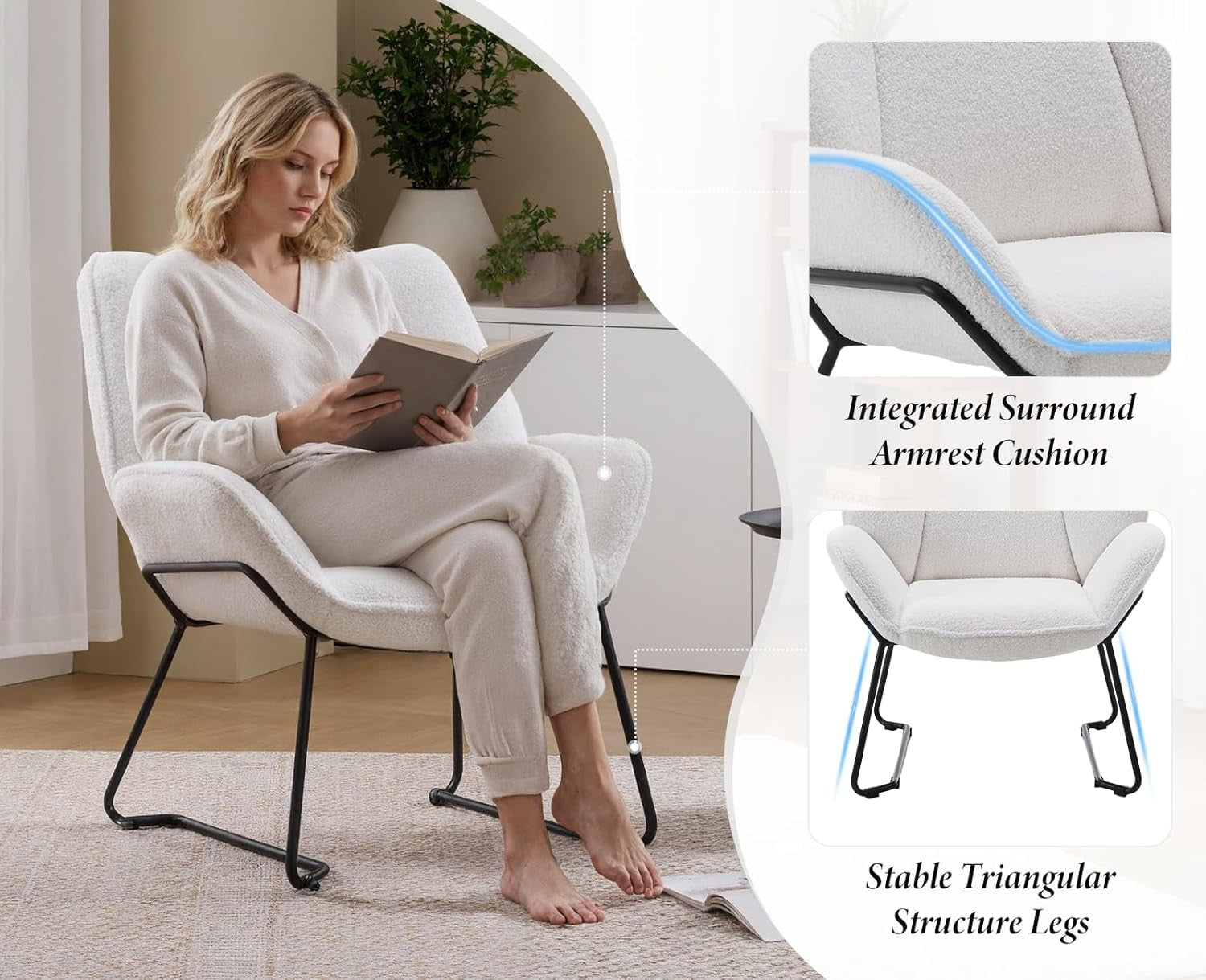 White Faux Fur Accent Tub Chair Metal Legs Modern Armchair