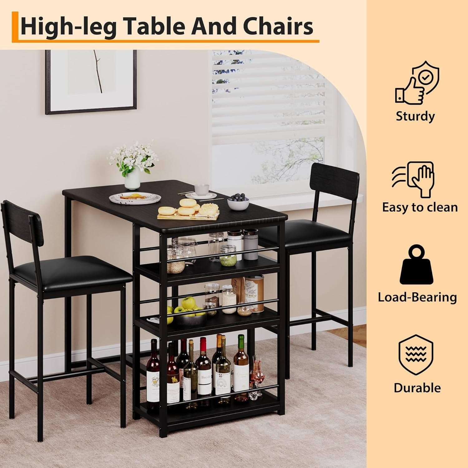 Bar Table Black 3-Piece Set with Shelves and 2 Stools Space-Saving Dining Set
