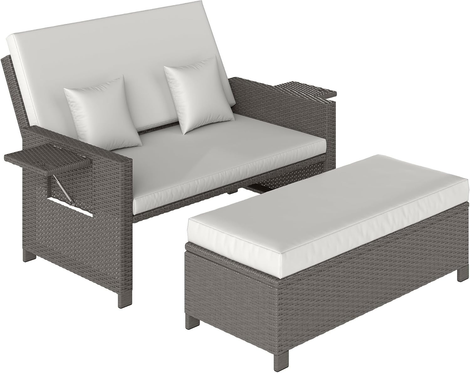 3-in-1 Light Grey Rattan Outdoor Daybed with Adjustable Back & Ottoman