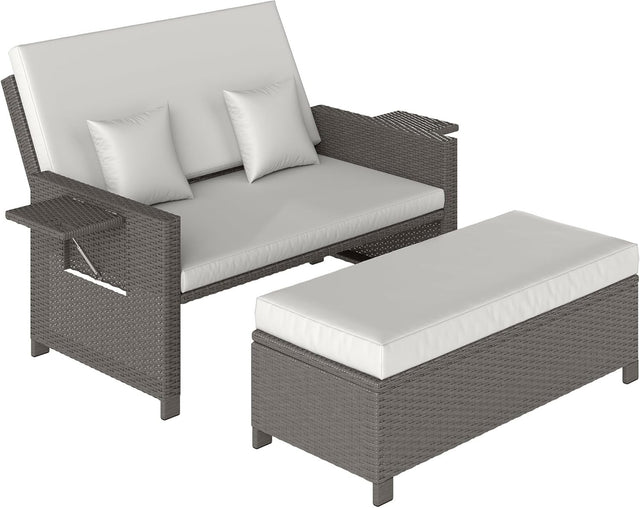 3-in-1 Light Grey Rattan Outdoor Daybed with Adjustable Back & Ottoman