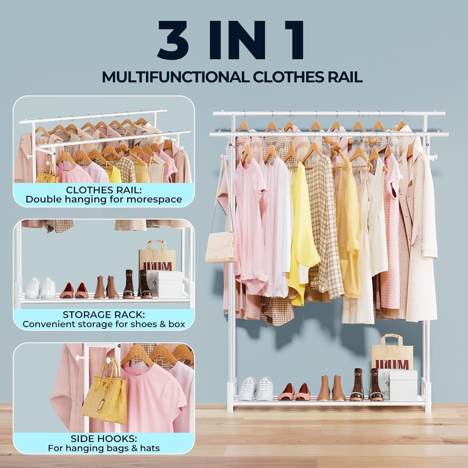 Double Clothes Rail with Shelf & Hooks – White 150cm