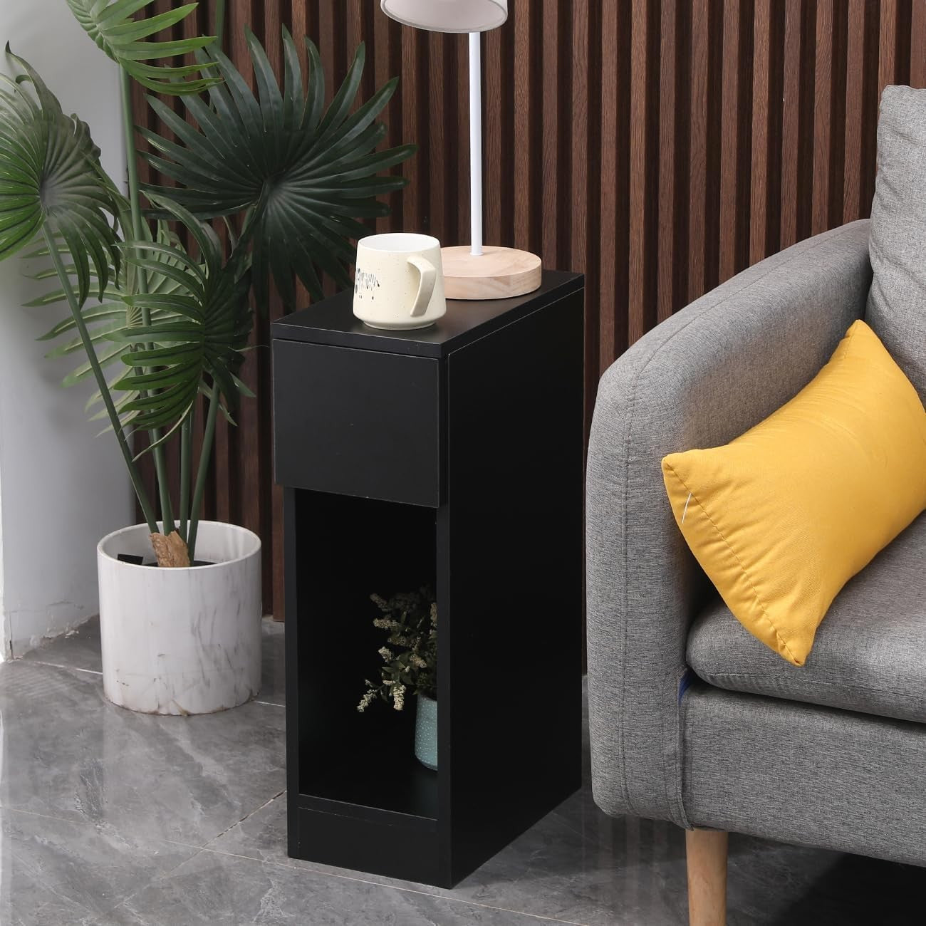 Slim Black Bedside Table with Shelf & Drawer, Modern Narrow Nightstand Storage