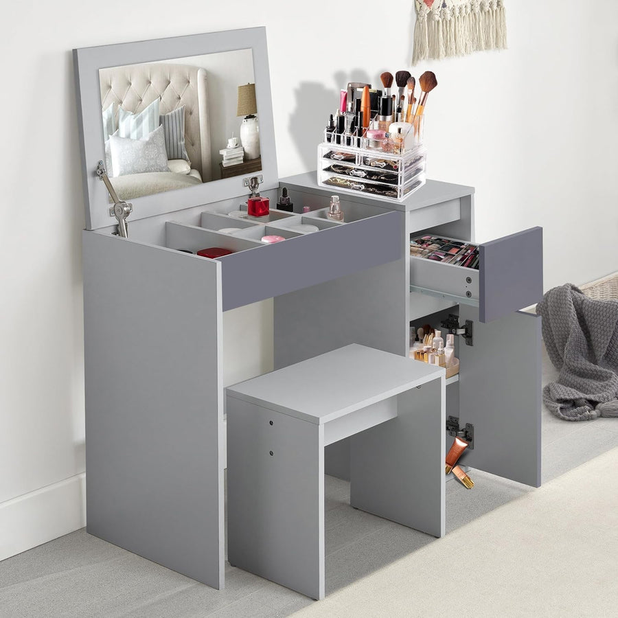 Dressing Table Vanity Desk w/Flip Mirror Storage Drawer & Stool Light Grey MDF