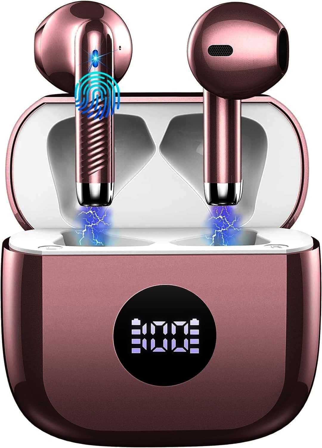 Bluetooth 5.4 Pink Gold Earbuds ENC Mic 40H Deep Bass LED Touch IP7