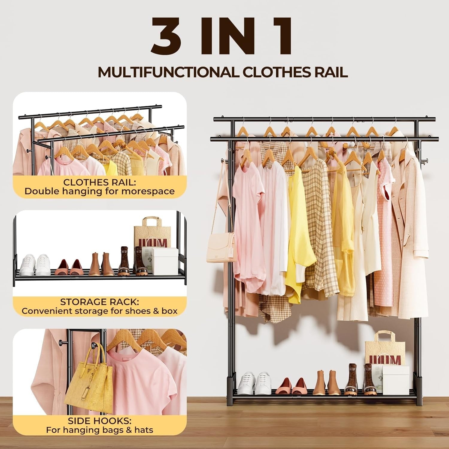 Double Clothes Rail with Shelf & Hooks – Black 150cm