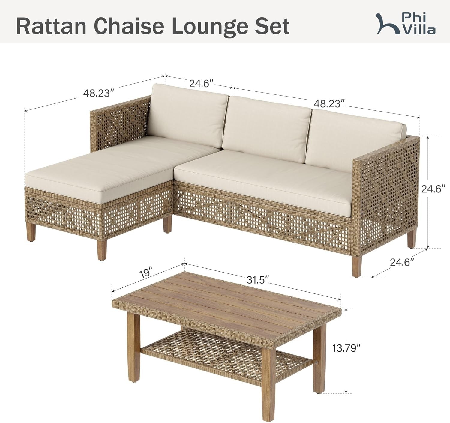 L-Shaped Rattan Garden Sofa Set Outdoor Patio Sectional with Coffee Table