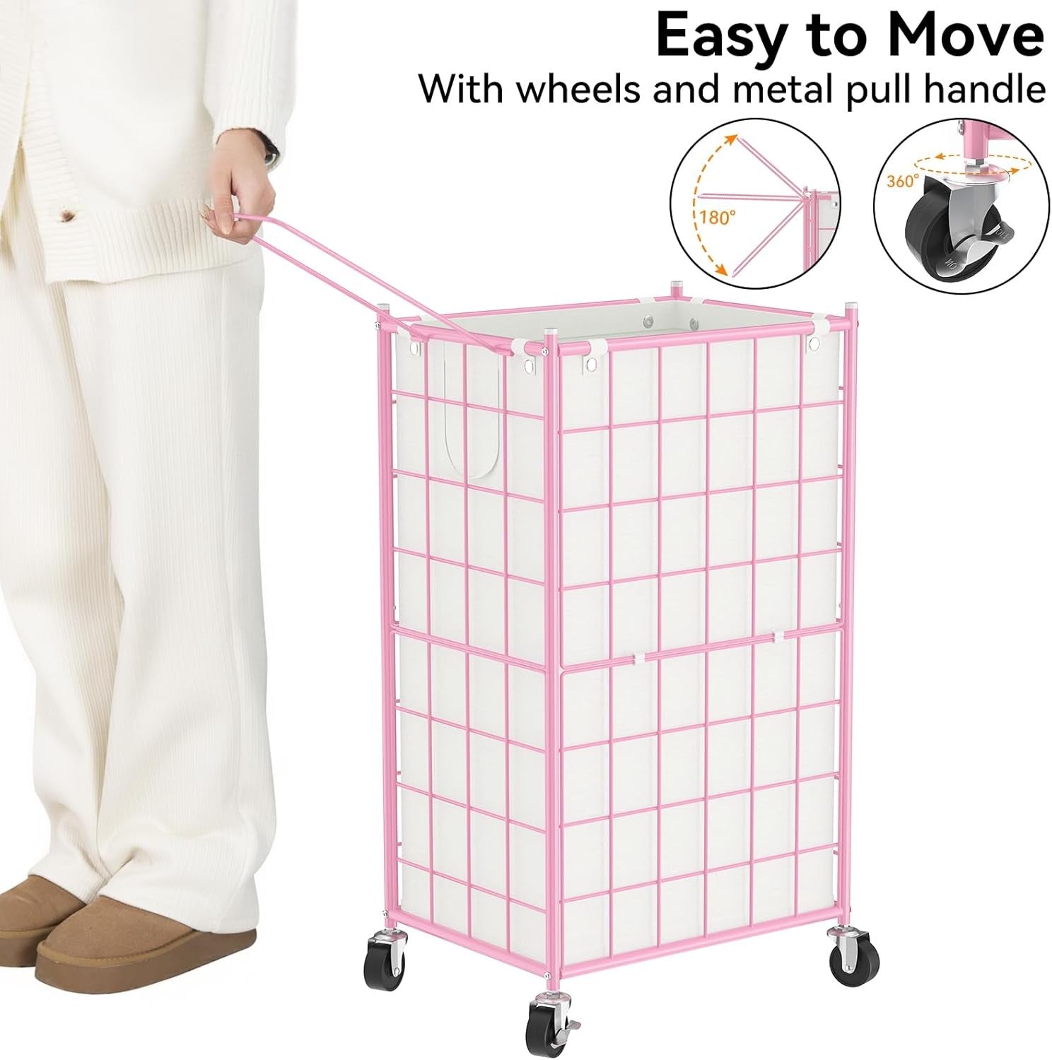 100L Pink Rolling Laundry Hamper Metal Frame with Wheels & Removable Bag