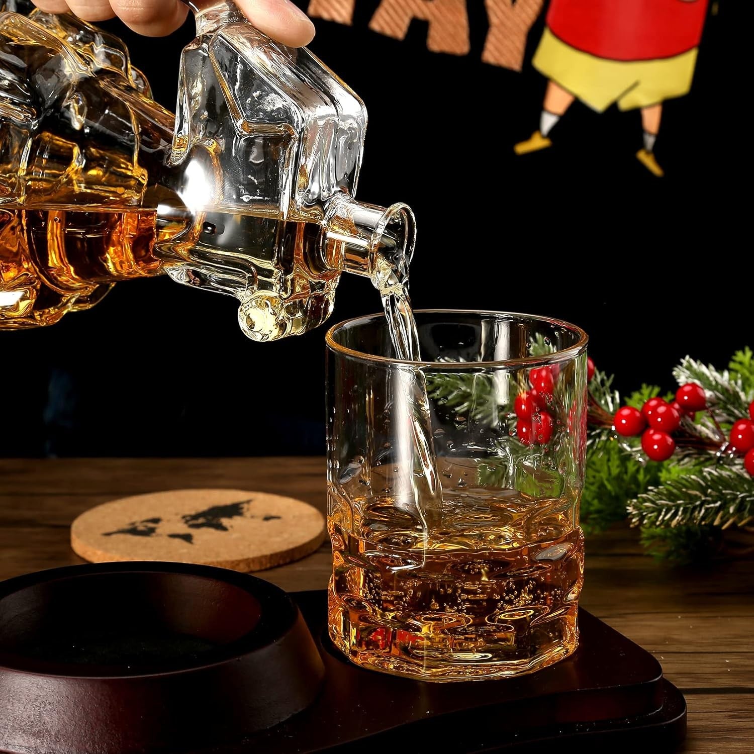 Bomb Whiskey Decanter Set 850ml with Glasses & Wooden Stand | Gift for Men