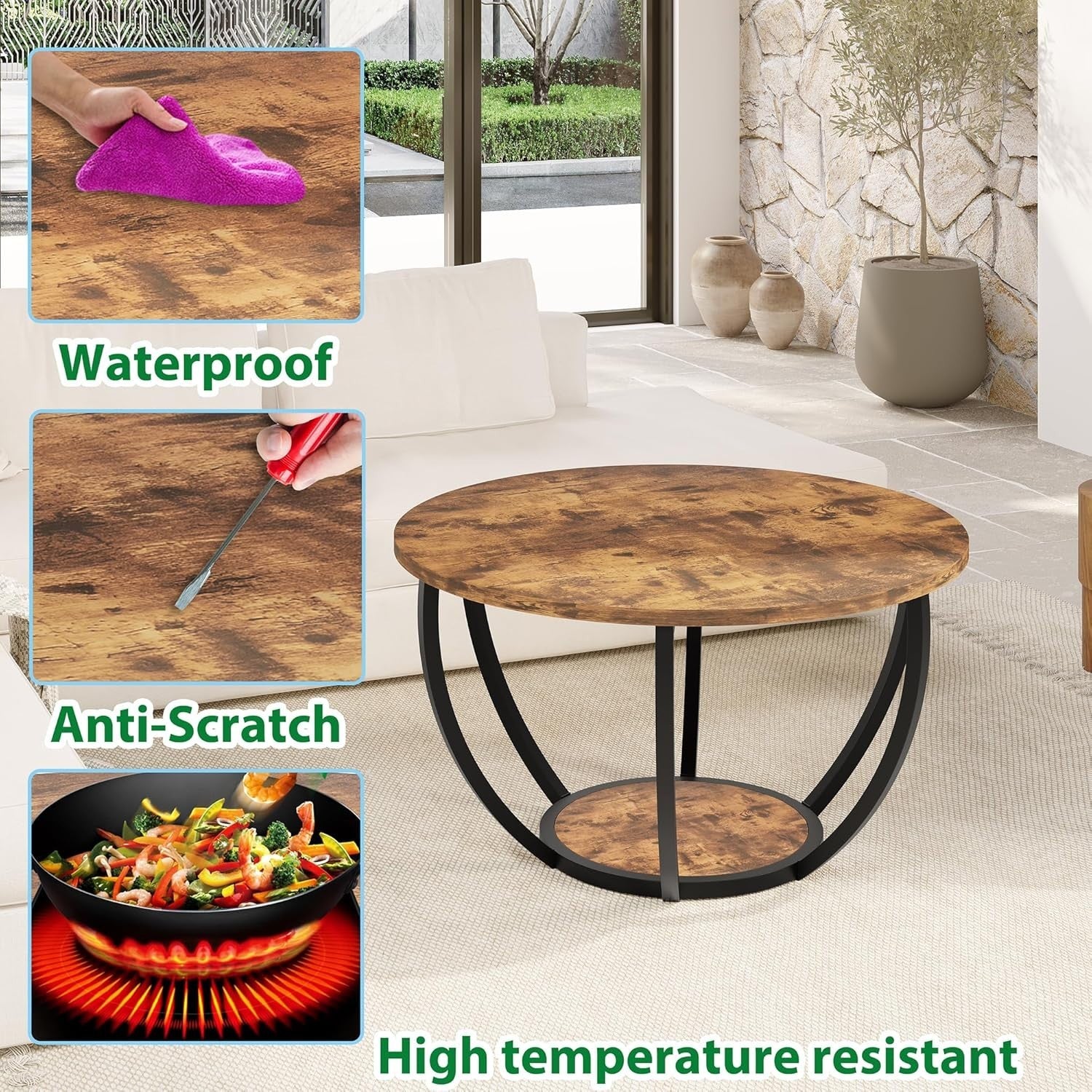 28" Round 2-Tier Coffee Table with Storage Shelves, Wood Top & Metal Frame Brown