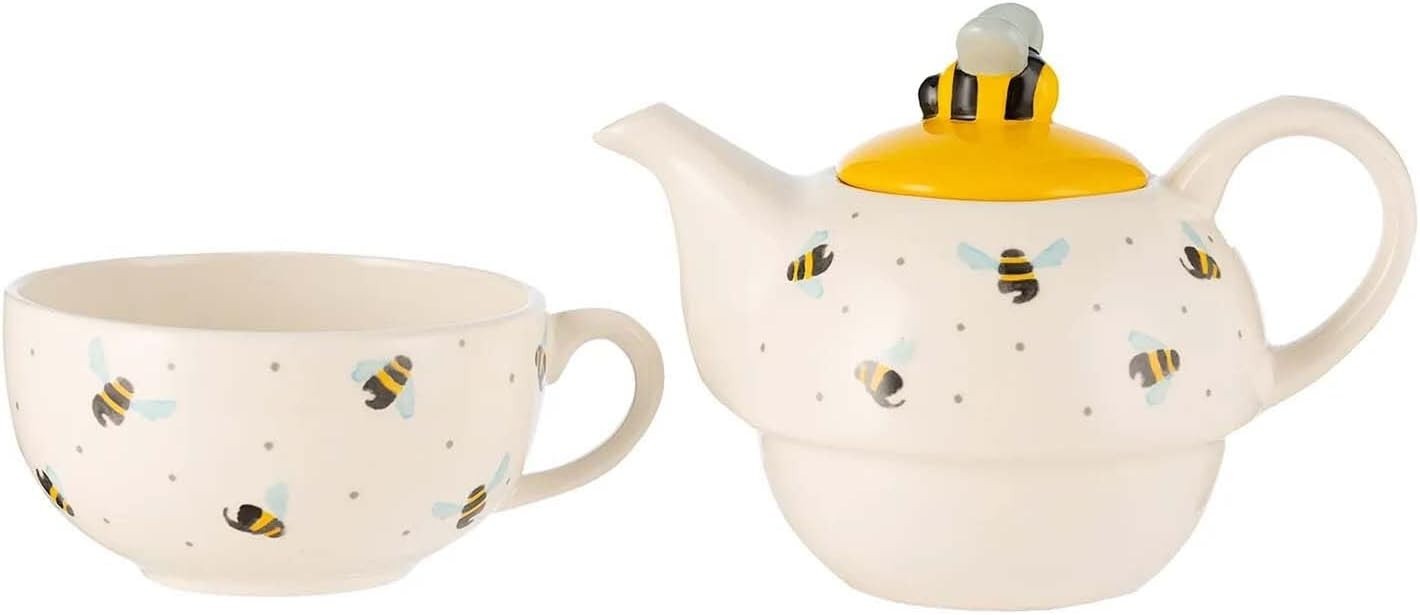 Tea For One Teapot Cup Set 450ml Bee Design Ceramic Stackable Gift