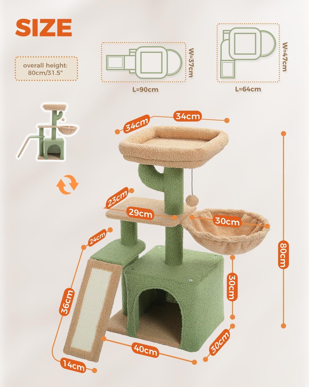 Cactus Cat Tree 80cm Small Cat Tower With Condo Basket Scratching Pad