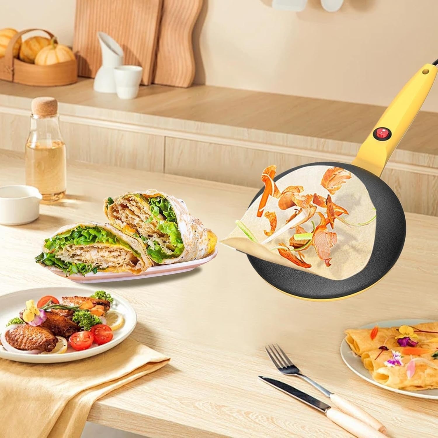 8" Electric Crepe Maker Non Stick Pancake Maker with Handle & Tray Yellow