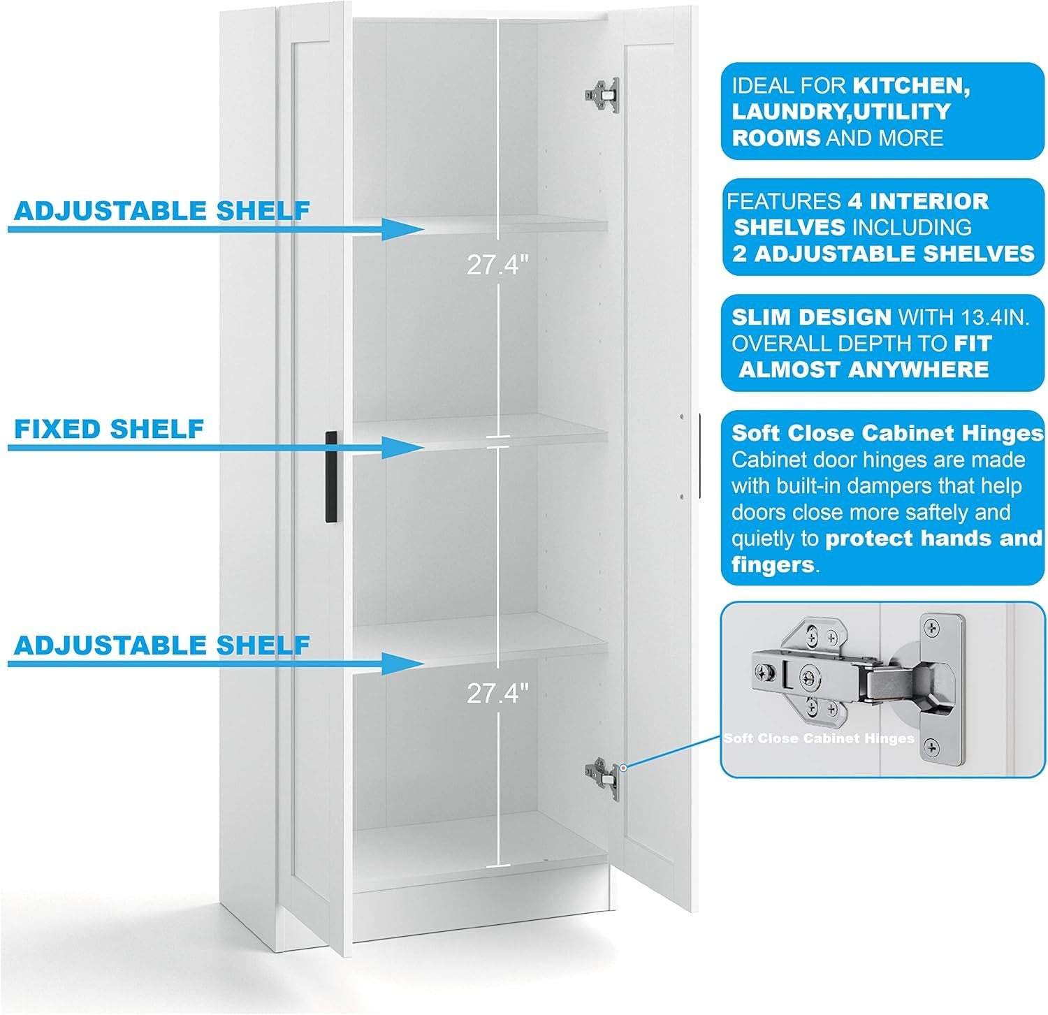 Tall Freestanding Storage Cabinet Cupboard White 2 Door Adjustable Shelves