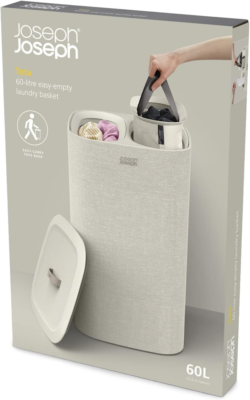 60L Dual Laundry Basket with Lid Removable Washing Bags Modern Ecru Fabric