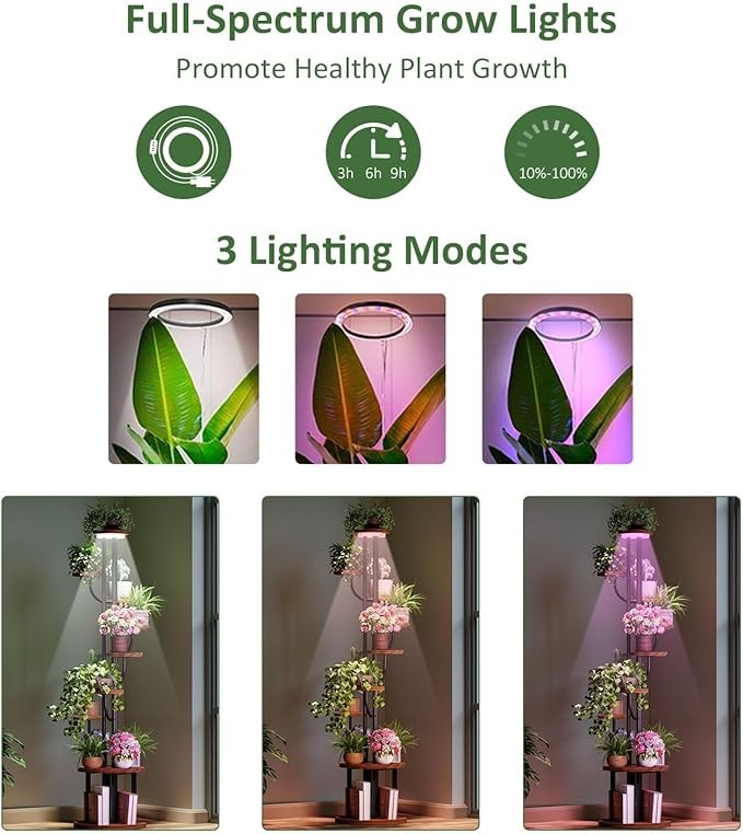 9 Tier Metal Plant Stand with Grow Light Indoor Tall Rotating Flower Shelf Rack