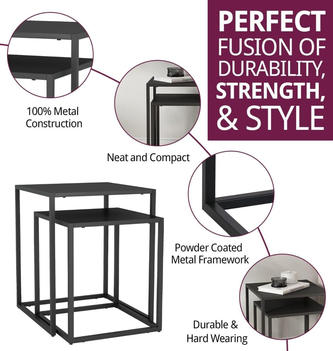 Modern Square End Side Table Black Metal Nightstand Coffee Accent Desk 40x40cm