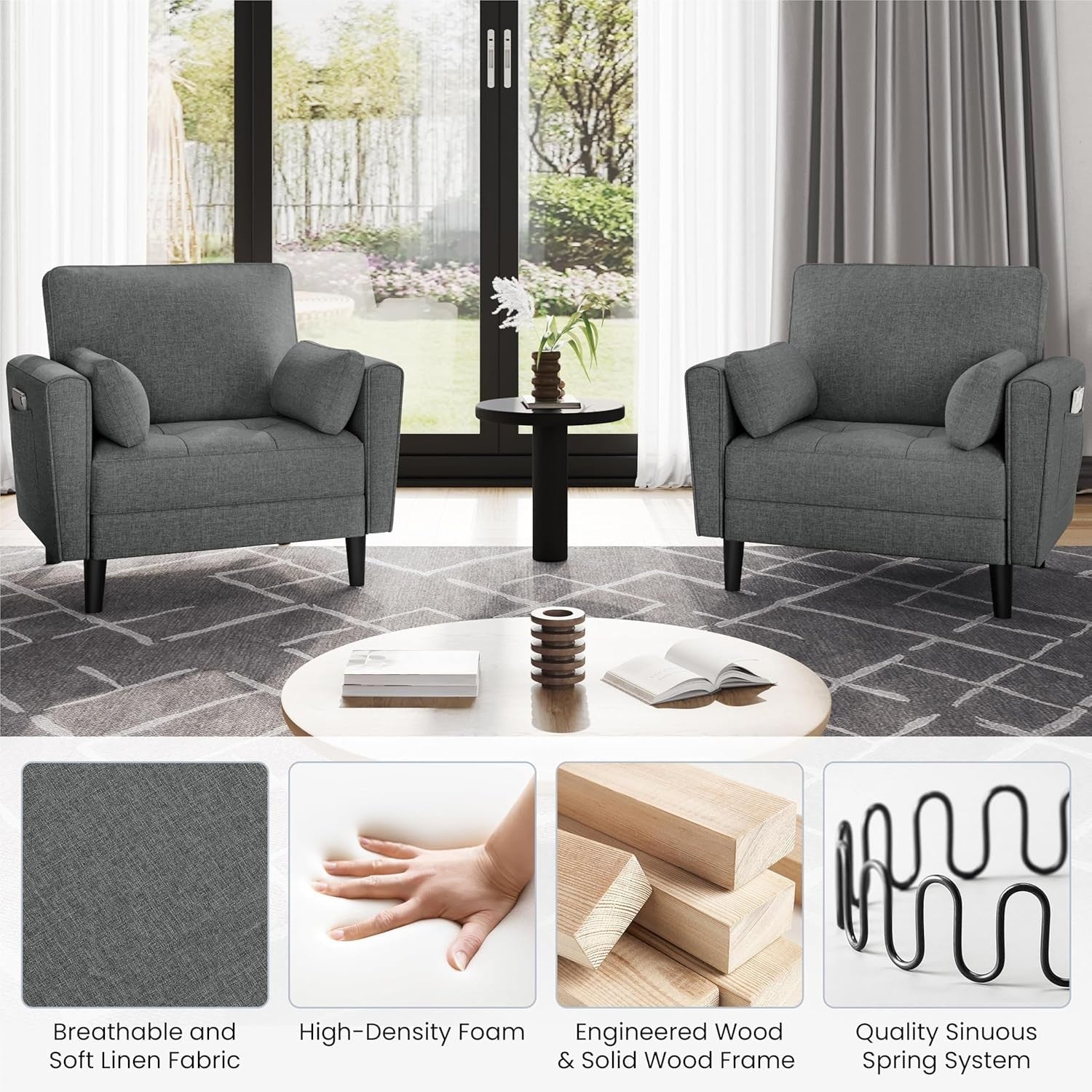 Dark Grey Fabric Tub Chair Oversized Accent Armchair with Pillows & Storage