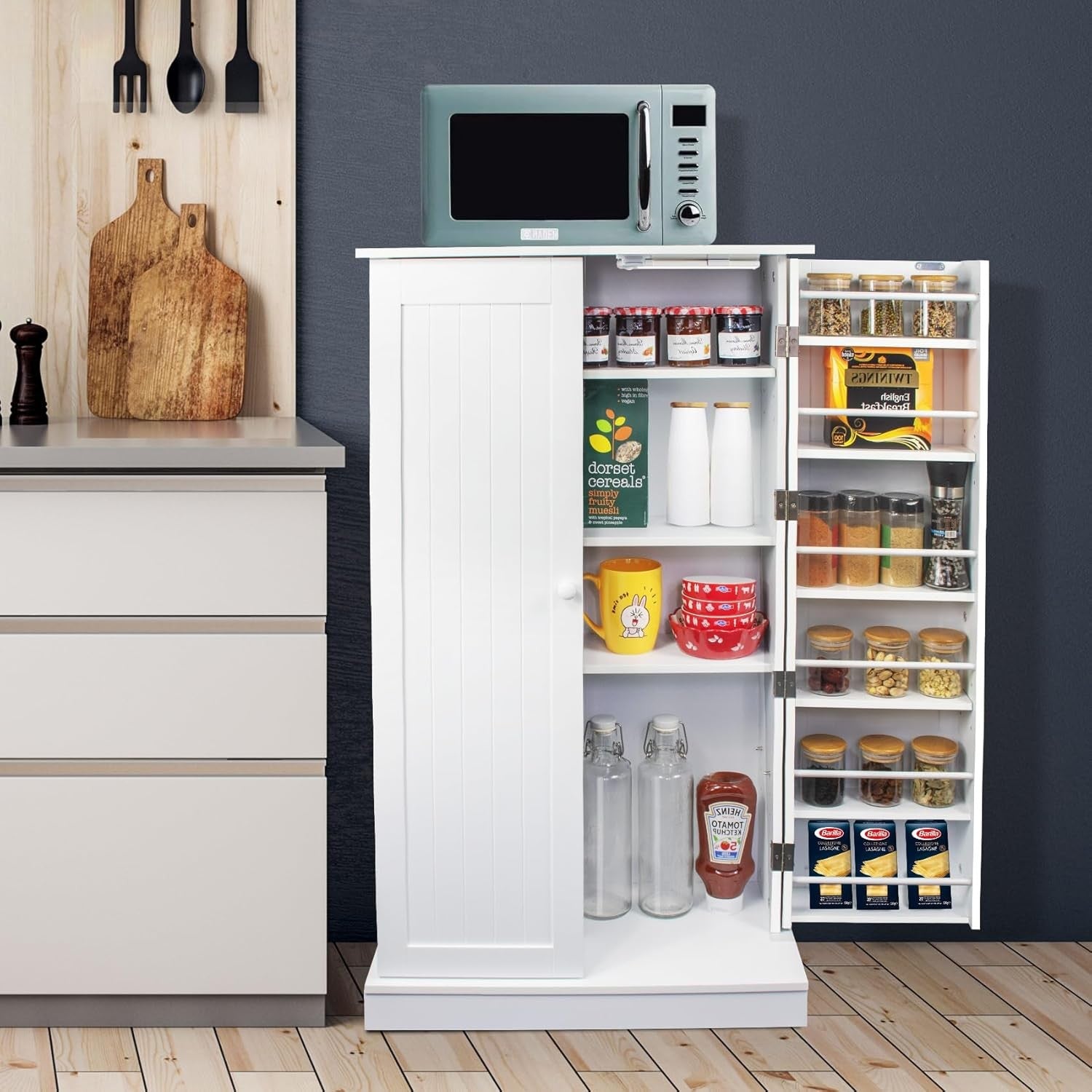 LED Pantry Cabinet Freestanding Storage Cupboard with Motion Sensor Light