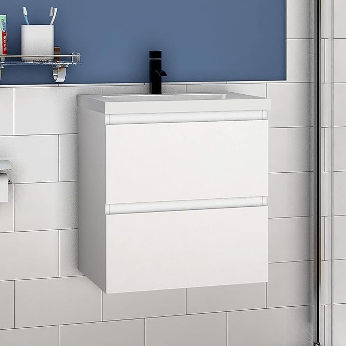 600mm Wall Hung Gloss White Vanity Unit – 2 Drawer Sink Cabinet with Basin