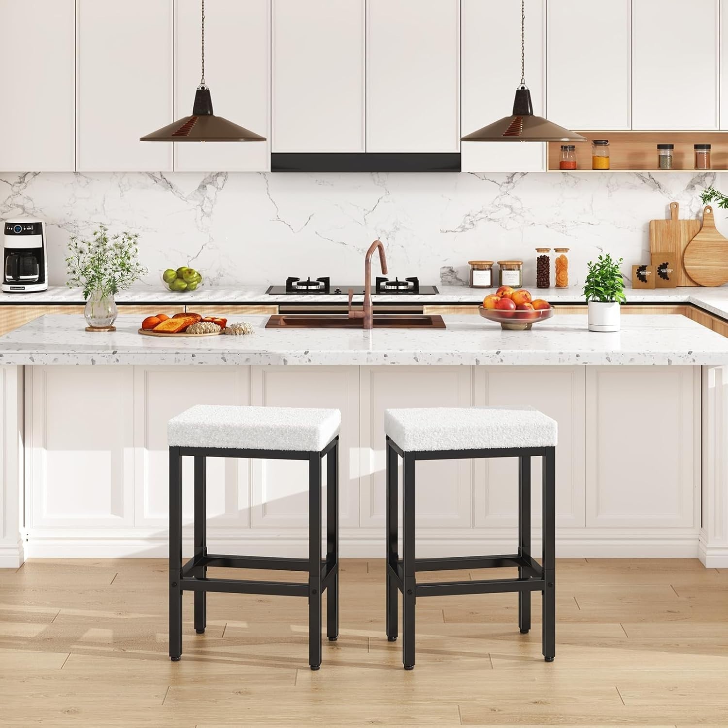 White Bar Stools Set of 2 Counter Height Kitchen Chairs 66cm