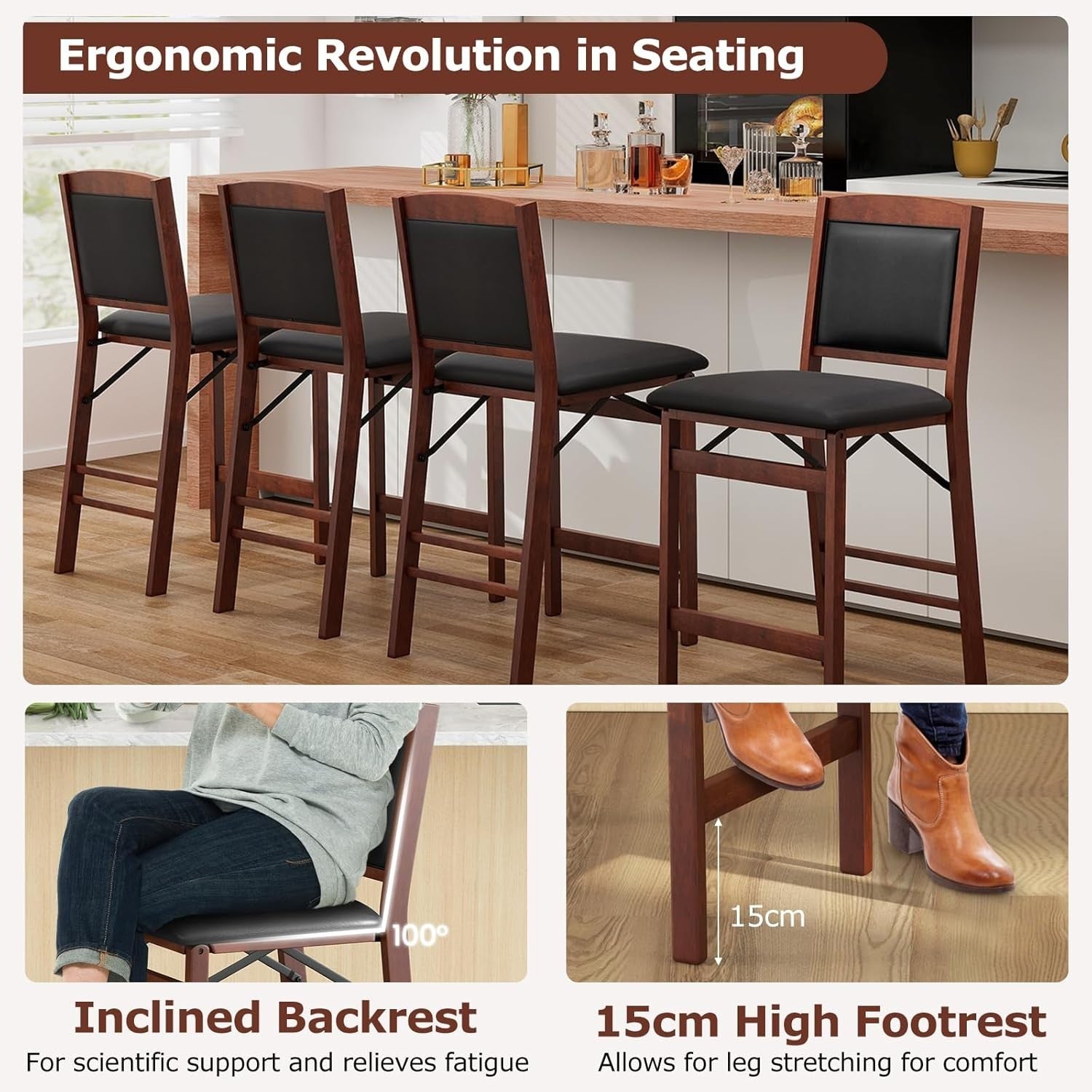 Folding Bar Stool Set of 2 | PVC Leather Counter Height Chair