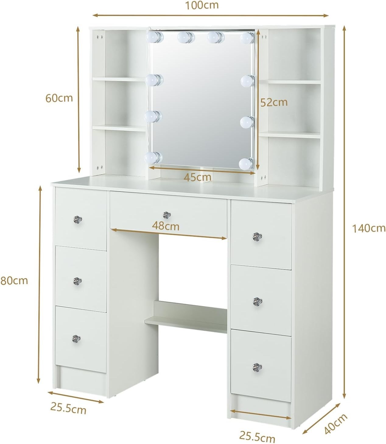 Vanity Makeup Desk 7 Drawers LED Lights Modern White Dressing Table Wood Large