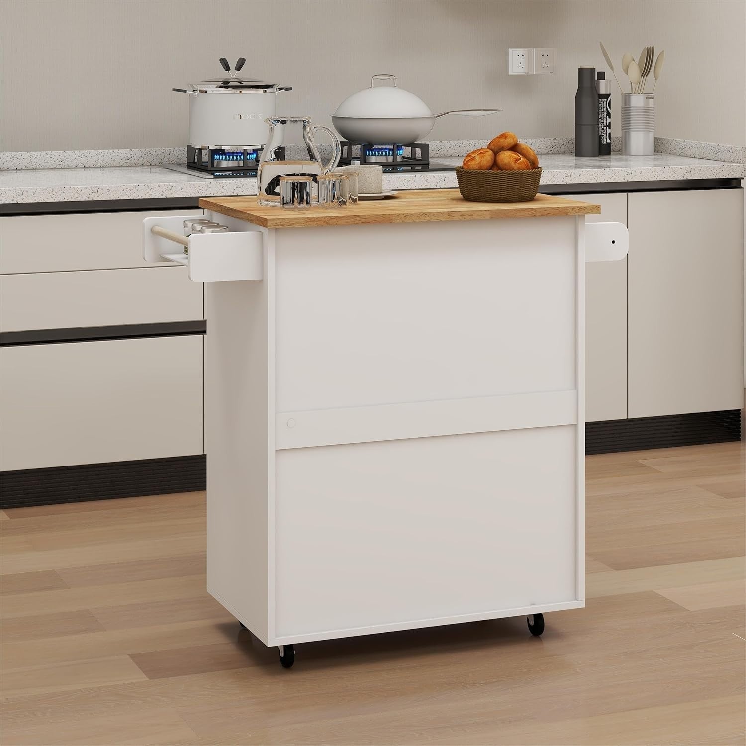 Mobile Kitchen Island Cart with Rubber Wood Top, Adjustable Storage & Towel Rack
