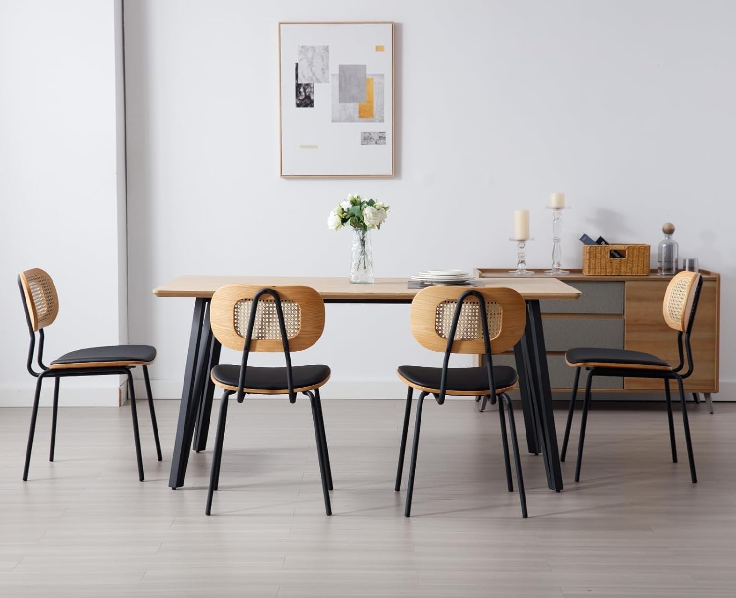 Rattan Dining Chairs Set of 2 Black Metal Legs Modern Kitchen Dining Seats