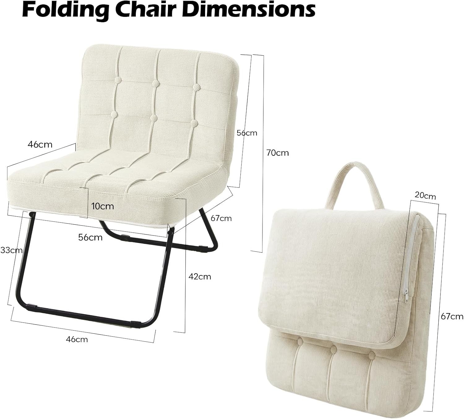 Folding Accent Chair Corduroy Lounge Seat Metal Legs Cream