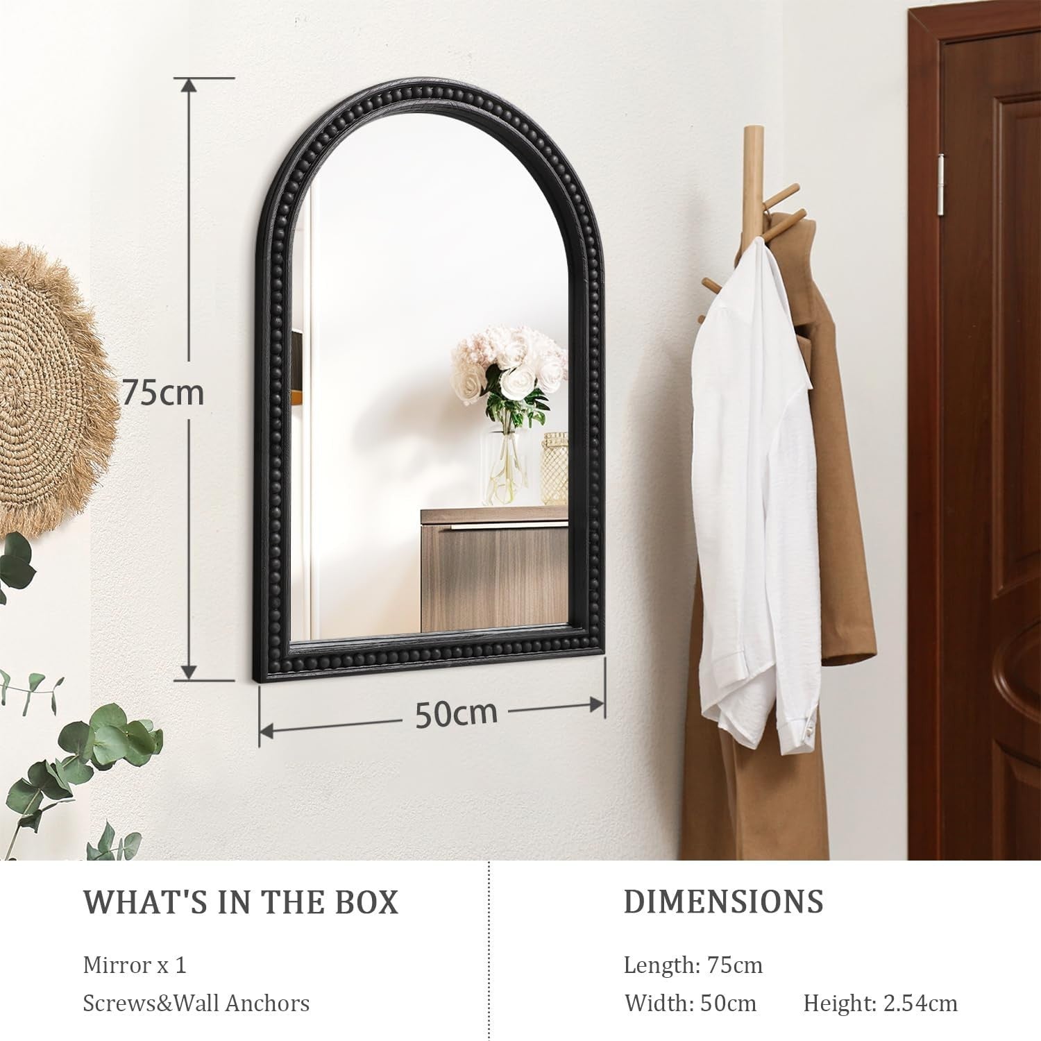 Black Arch Wall Mirror 75x50cm Bathroom Vanity Over Sink Wood Frame