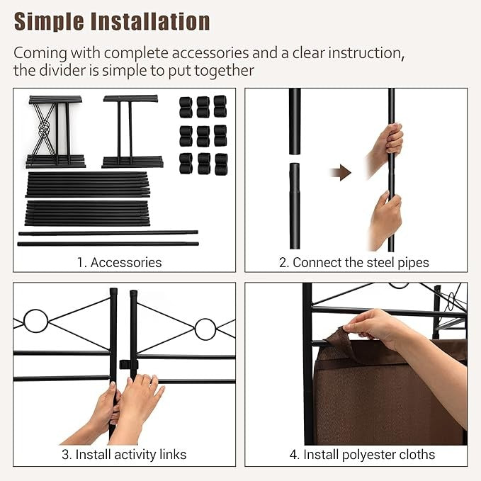 Brown 4 Panel Folding Room Divider – Freestanding Privacy Screen with Detachable