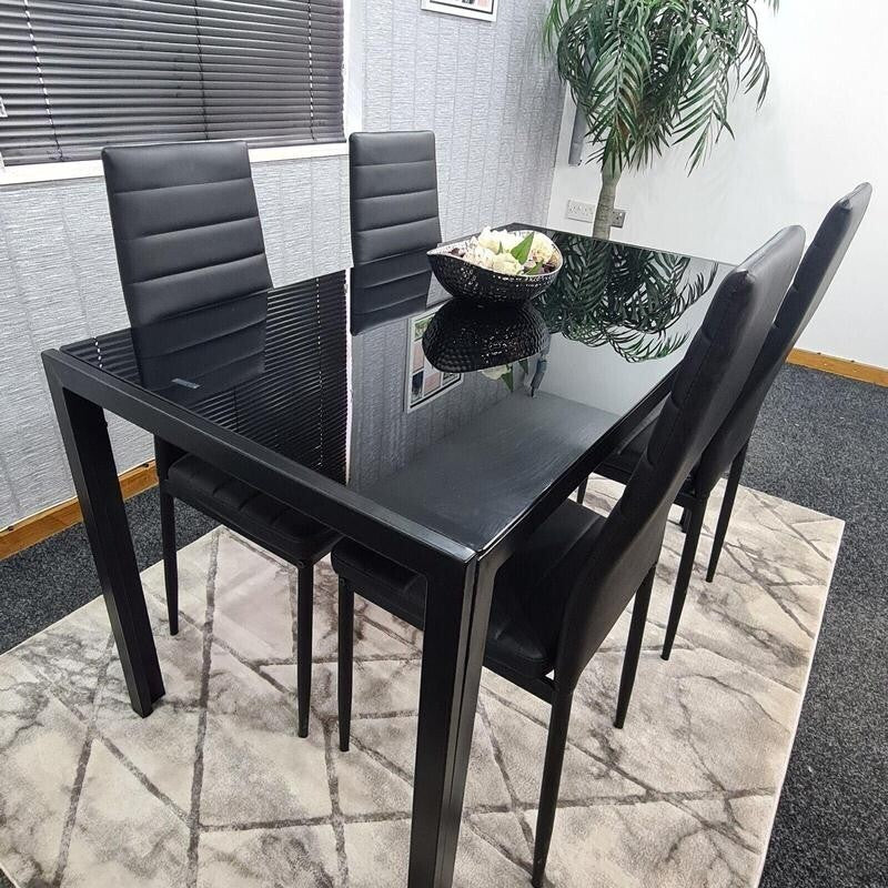 Black Glass Dining Table Set with 4 Leather Chairs Modern Kitchen 120cm