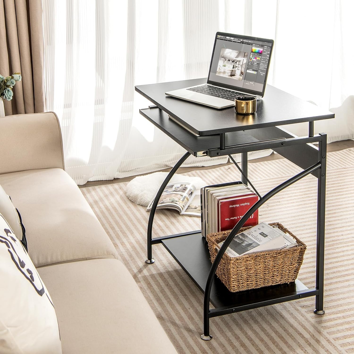 Compact Computer Desk with Keyboard Tray Storage Shelf Small Home Office Table
