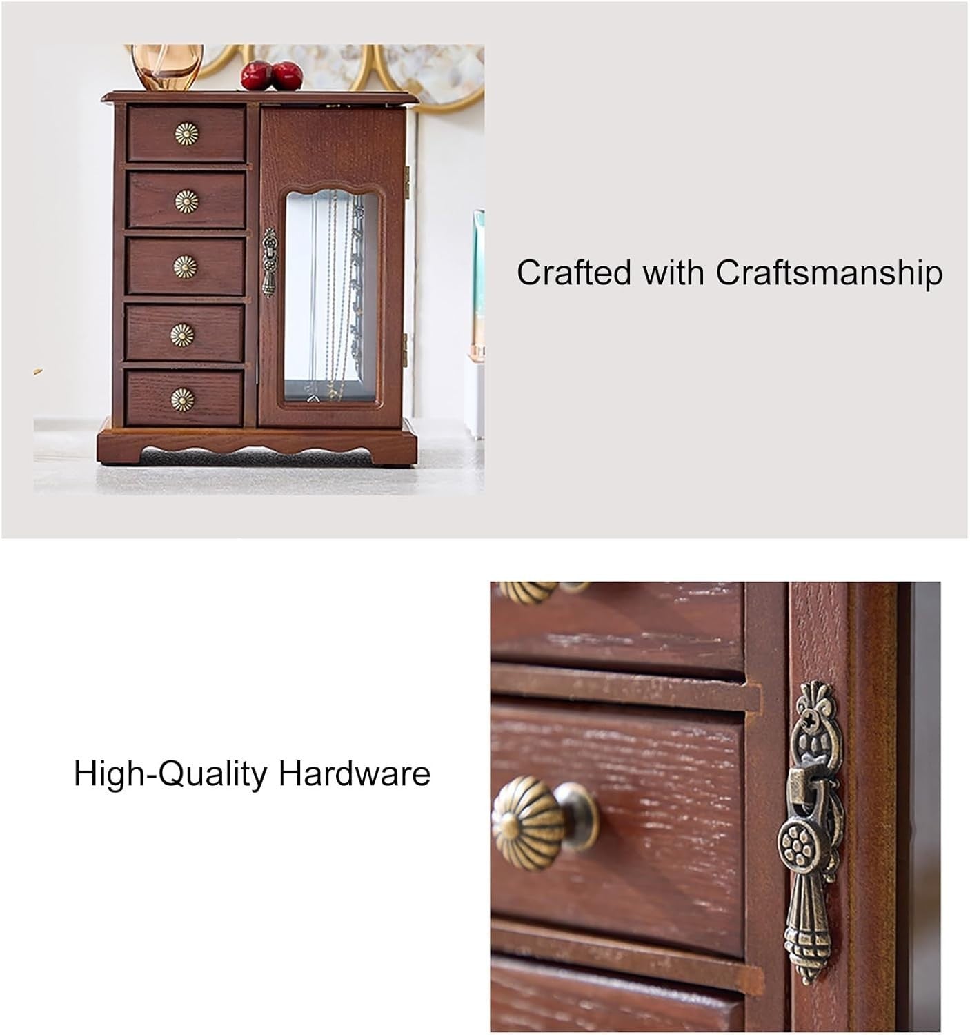 Wooden Jewelry Armoire Organizer 5 Drawer Mirror Storage Box