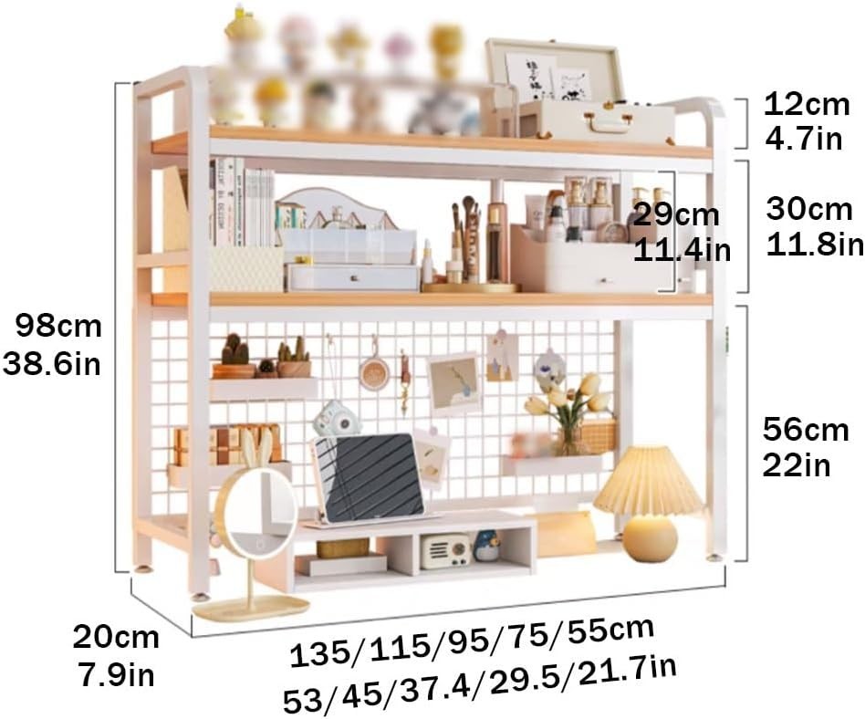 2-Tier Desktop Bookshelf Organizer | Countertop Hutch w/ Grid Board 55cm White