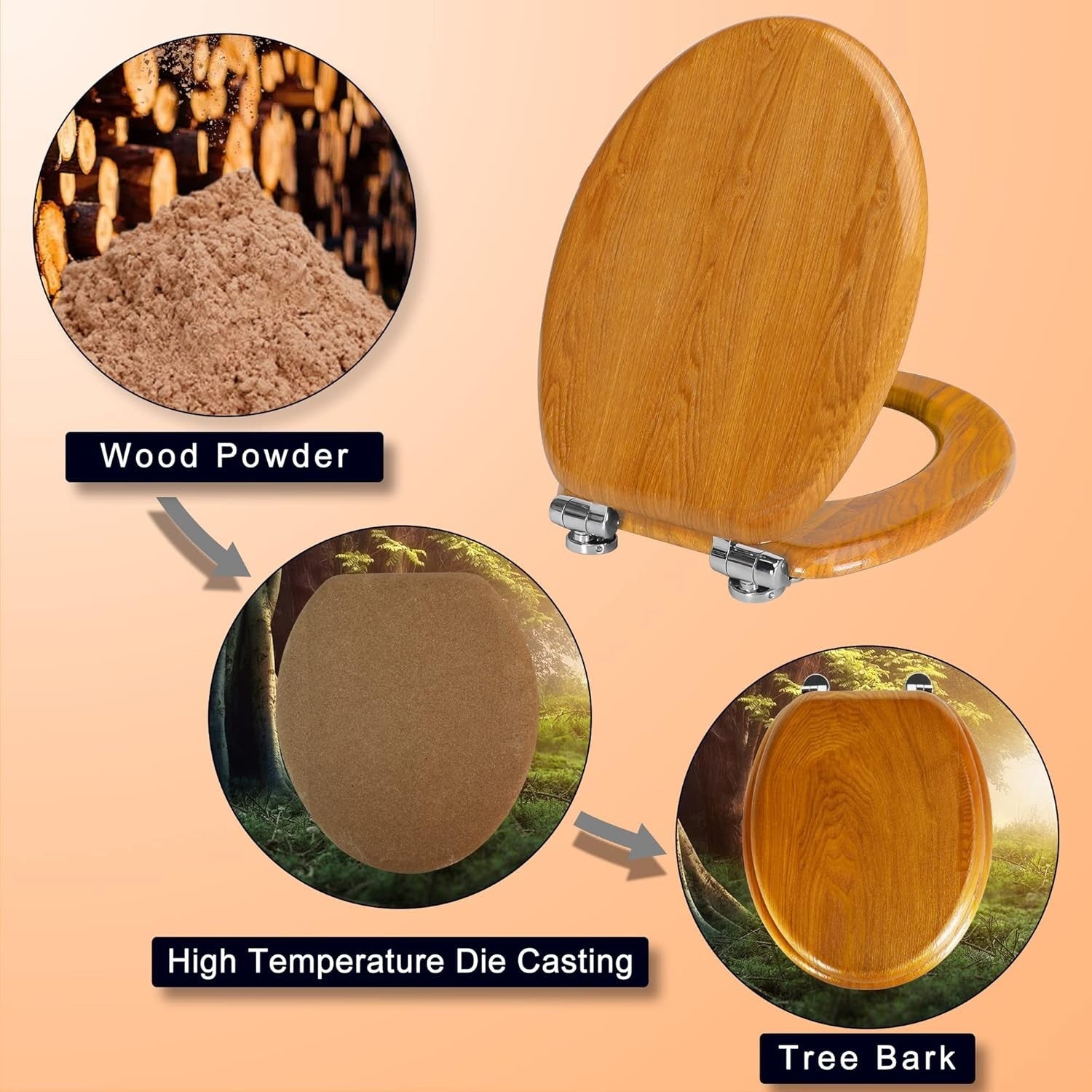 Antibacterial Wooden Toilet Seat Soft Close Quick Release Oval Oak 45x37cm