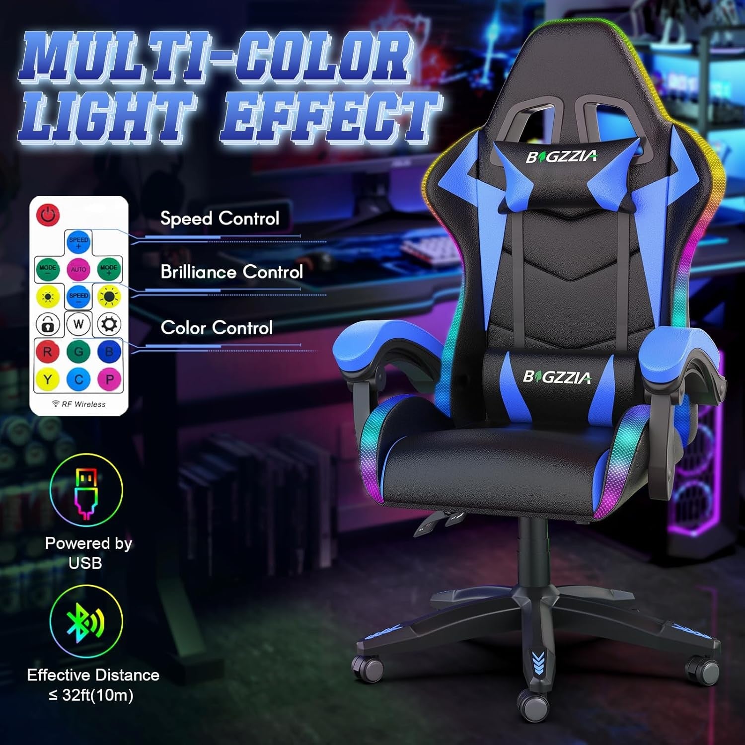 RGB LED Gaming Chair Reclining PU Leather Ergonomic Blue