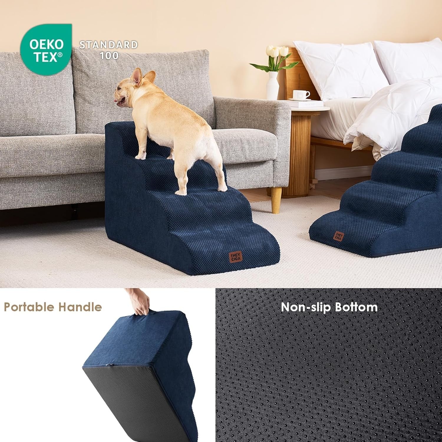 4 Step Dog Stairs for High Bed Non Slip Foam Pet Steps Navy