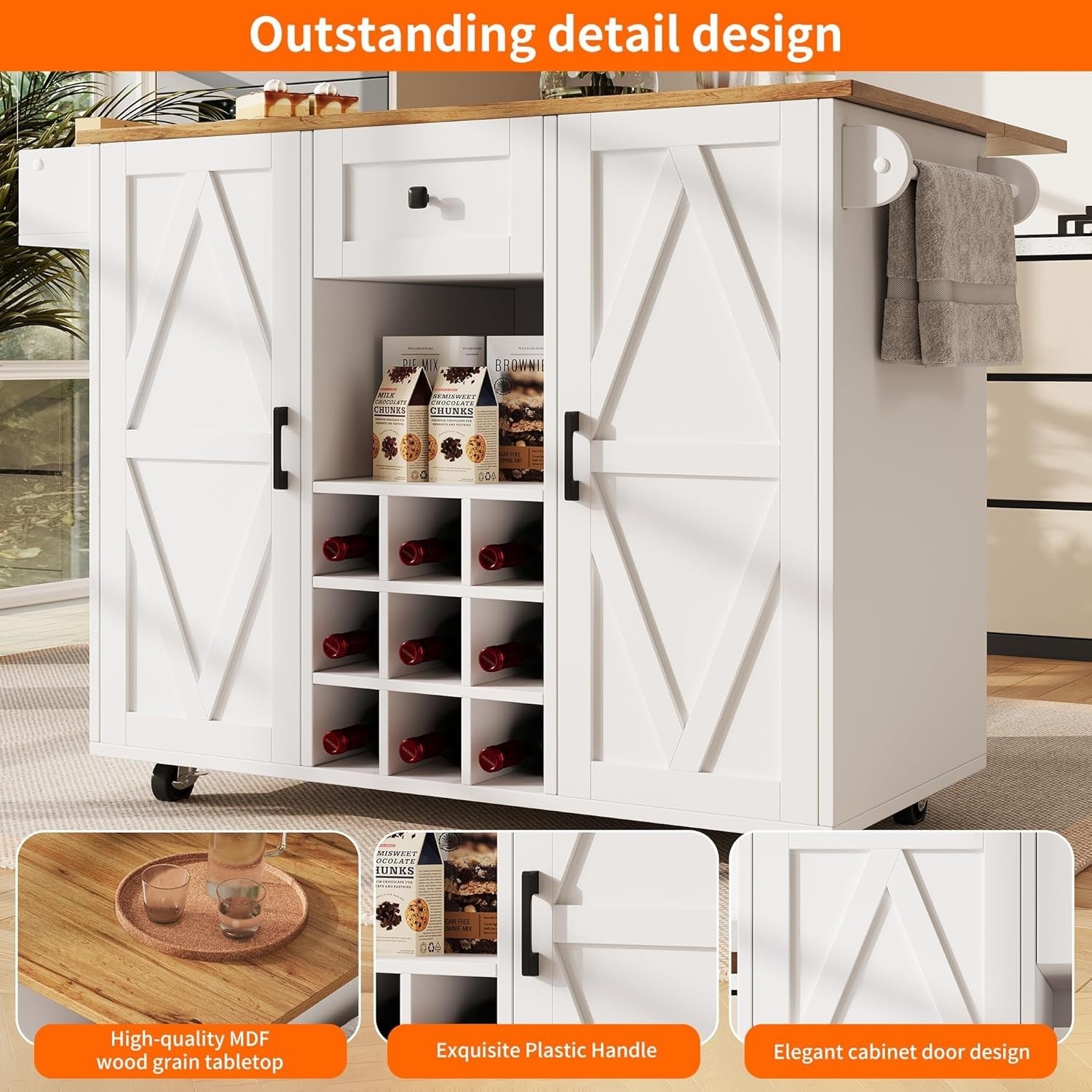 White Rolling Kitchen Island Foldable Table Cabinet 160cm