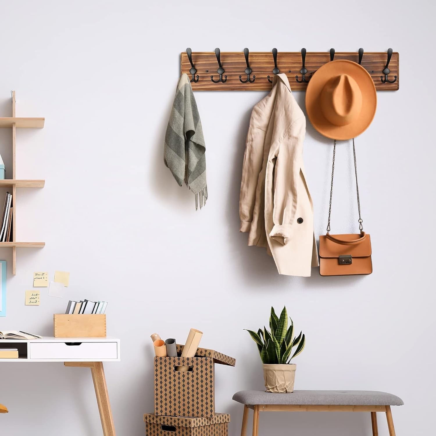 Wooden Wall Mounted Coat Rack | 8 Hook Heavy Duty Hallway Hanger Organizer