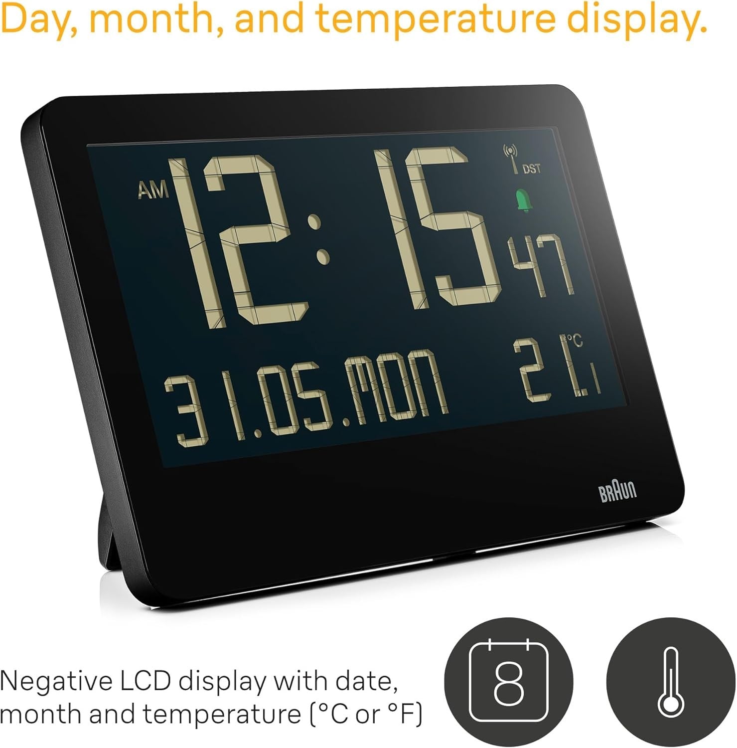 Large Digital Wall Clock Reverse LCD Display Temp Date Weekday Alarm Black