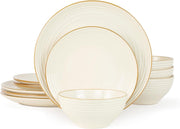 12pc Stoneware Dinner Set Cream White Gold Rim Plates Bowls Dishwasher Safe