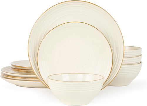 12pc Stoneware Dinner Set Cream White Gold Rim Plates Bowls Dishwasher Safe