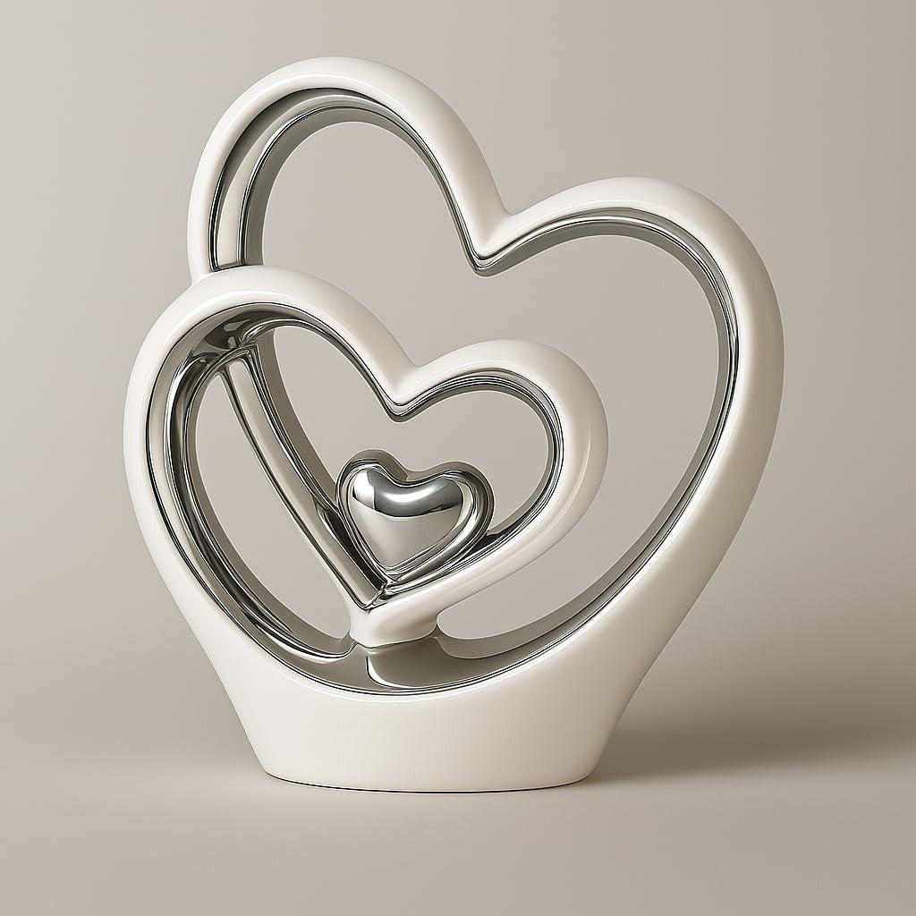 Silver Heart Ornament 25.5cm Ceramic Sculpture Modern Couple Wedding Gift Decor