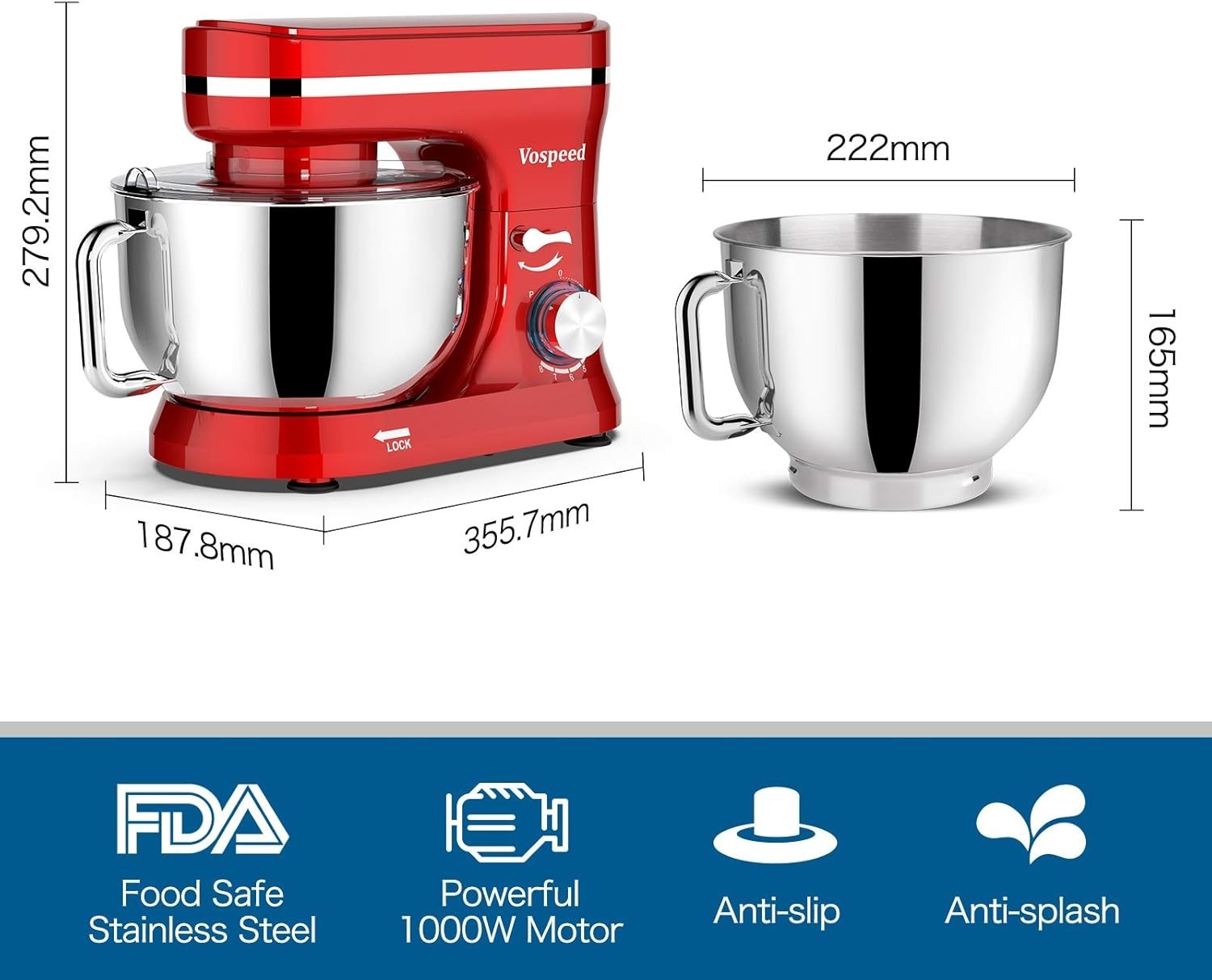 5QT 1000W Stand Mixer 8-Speed Tilt-Head Food Mixer Red Stainless Steel