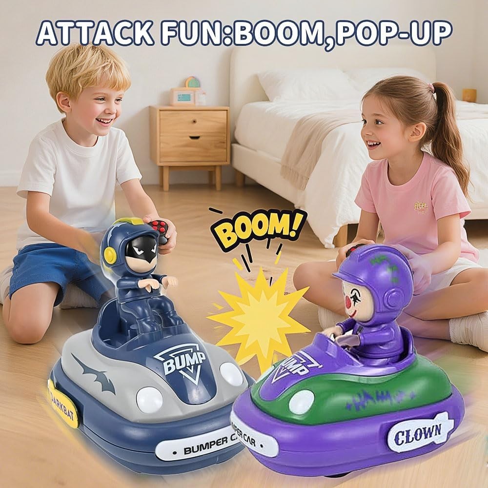 2 Pack RC Bumper Cars for Kids – Bat Design, Lights, Sound & Ejecting Drivers