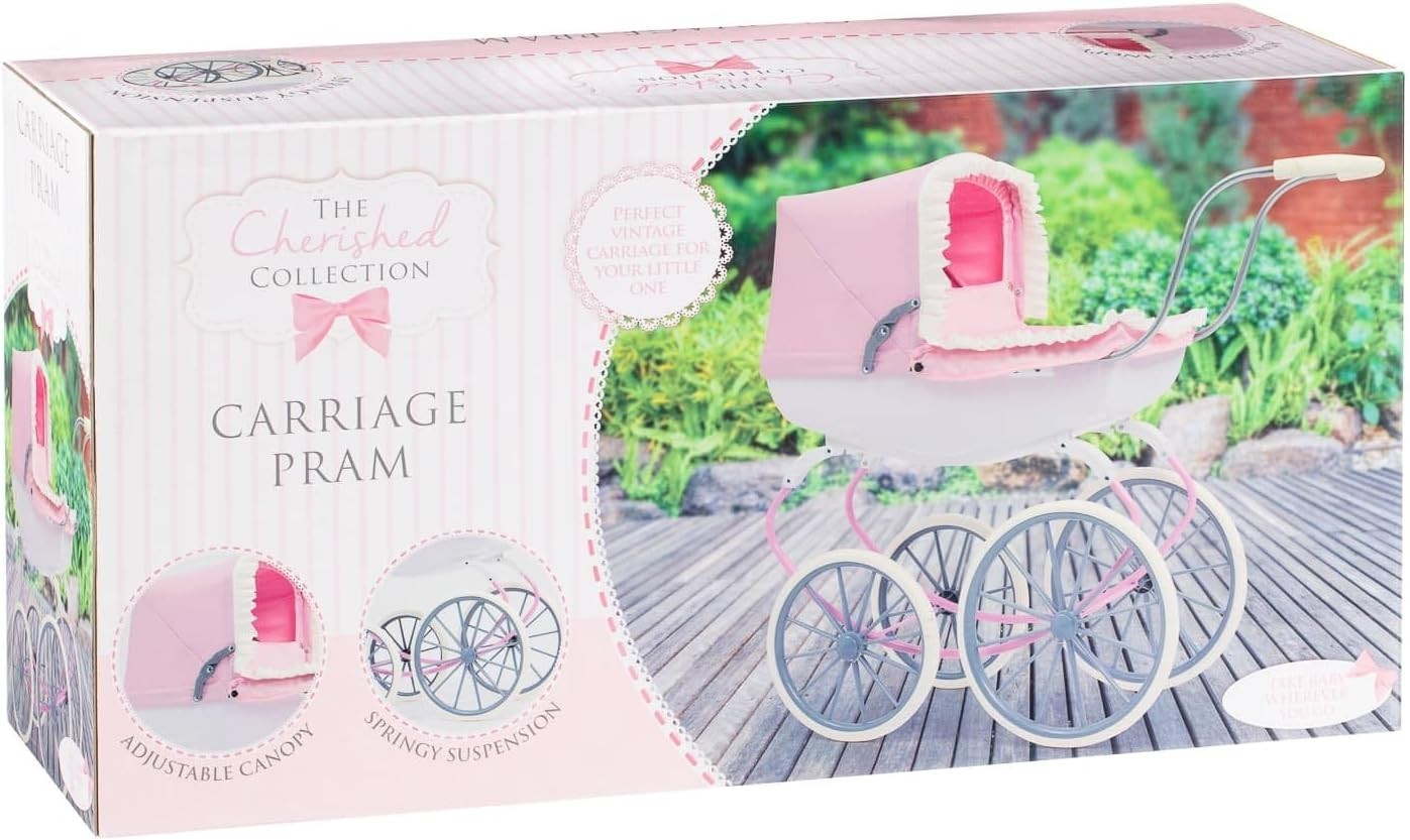 Traditional Dolls Carriage Pram Vintage Push Along Toy White Wheels