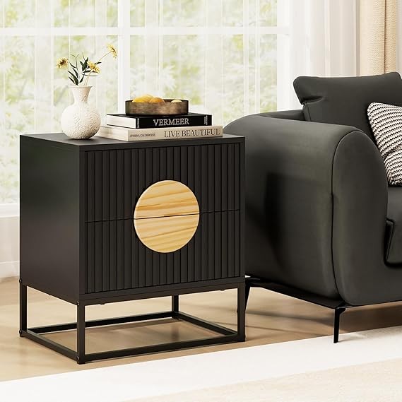 Modern Black Bedside Table with 2 Drawers – Metal Frame Wood Accent Storage Unit