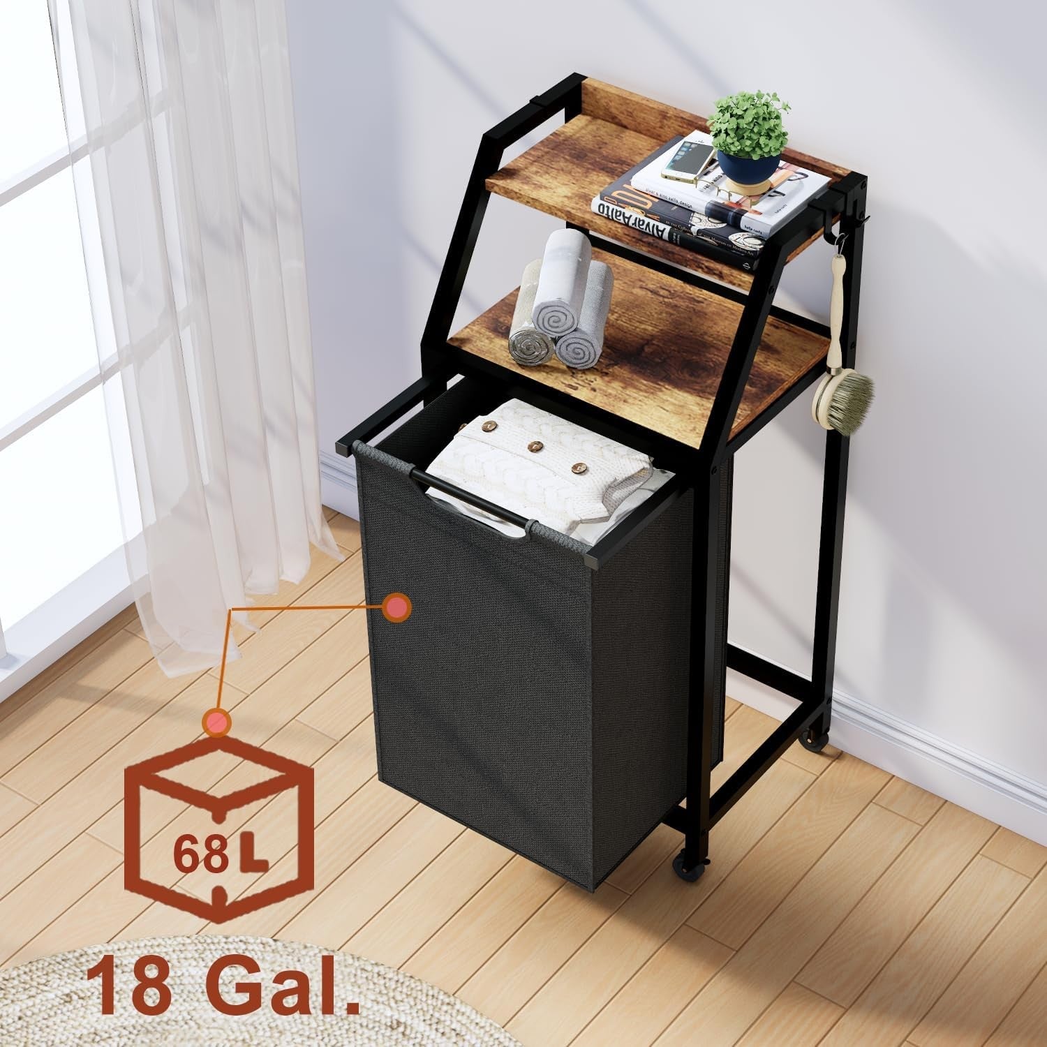 64L Laundry Sorter on Wheels with Shelves Rustic Wood Top Pull-Out Clothes
